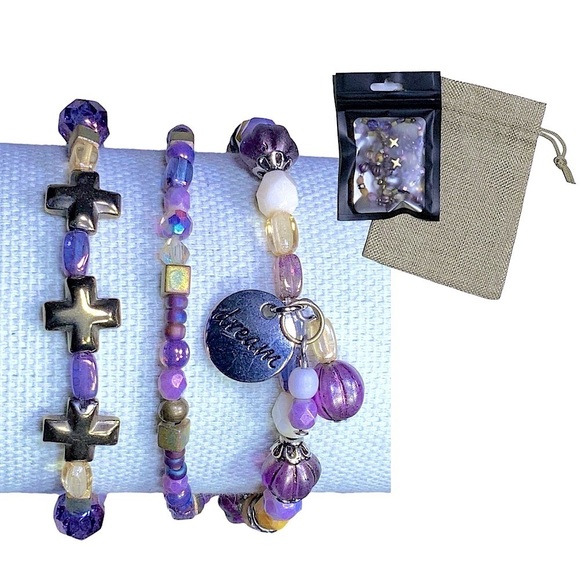 Bee Happy Market Boutique Jewelry - Regal 3 Cross Bracelet Purple Amethyst February Birthstone Religious Beaded